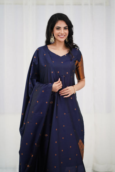 Sanvi Blended Silk Set - Navy Blue