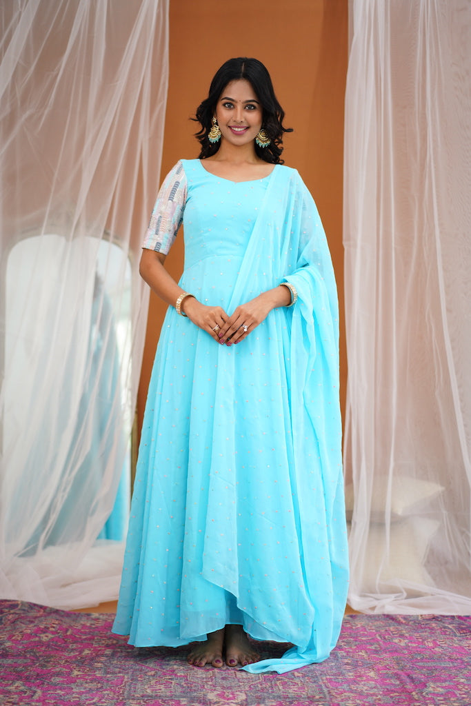 Maya -Sky Blue Long Gown with Belt