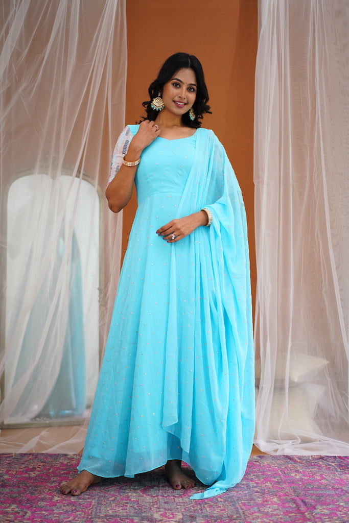 Maya -Sky Blue Long Gown with Belt