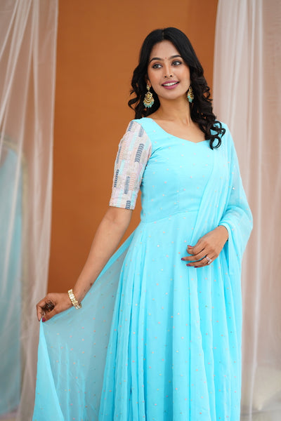 Maya -Sky Blue Long Gown with Belt