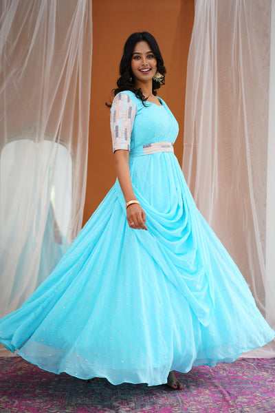 Maya -Sky Blue Long Gown with Belt