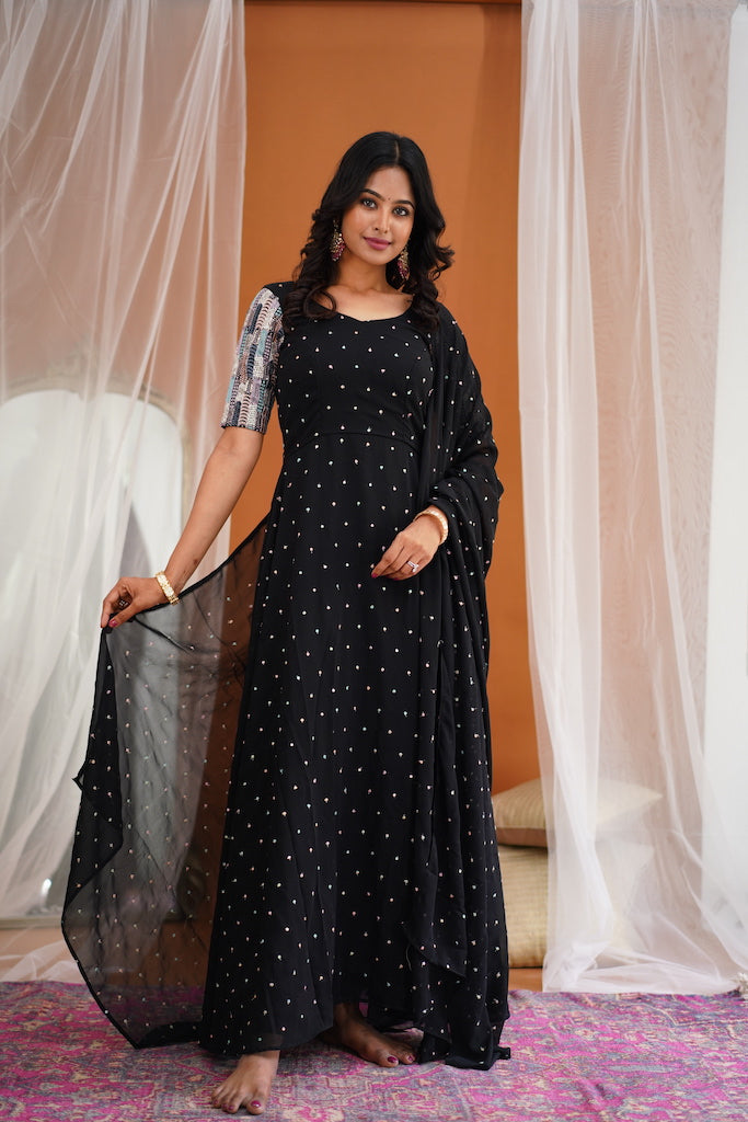 Maya -Black Long Gown with Belt