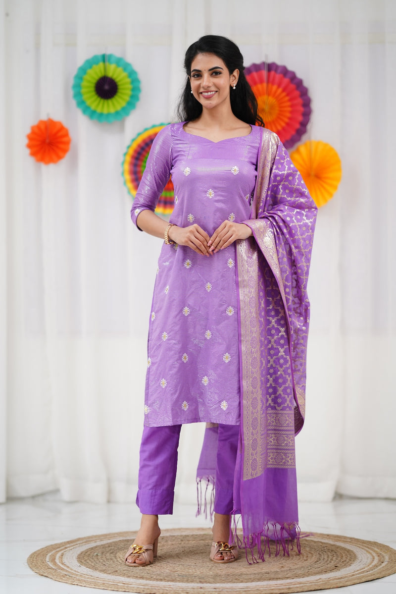 Bavana Banarasi Silk Cotton Set - Lavender