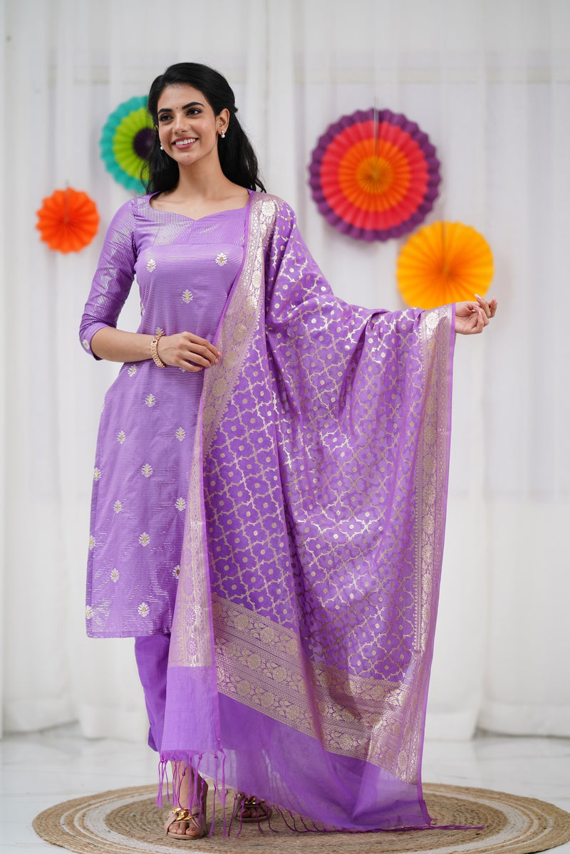 Bavana Banarasi Silk Cotton Set - Lavender