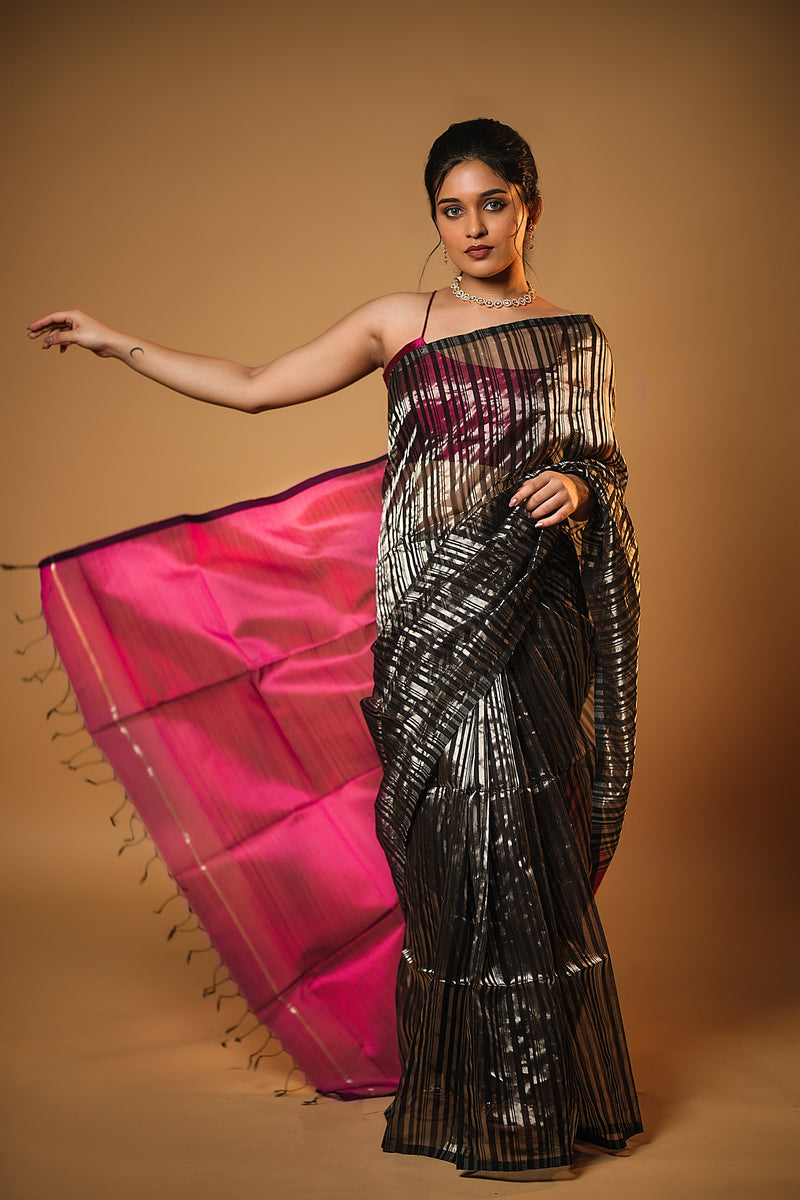 EXP - Anika - Handwoven Silk Cotton Saree - Dune Black + Crimson Pink