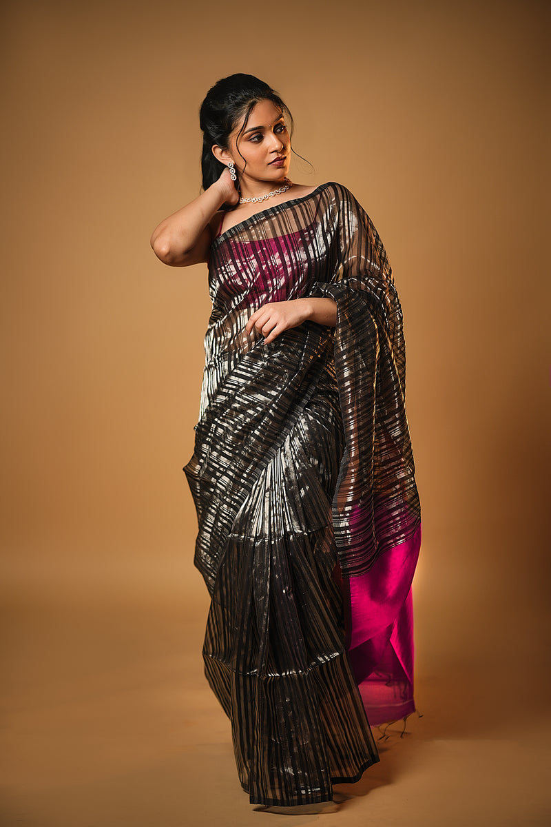 EXP - Anika - Handwoven Silk Cotton Saree - Dune Black + Crimson Pink