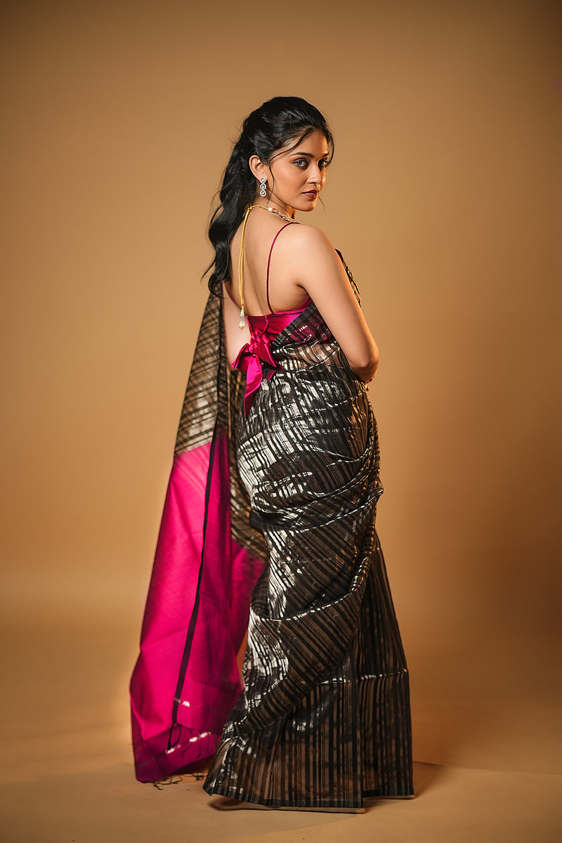 EXP - Anika - Handwoven Silk Cotton Saree - Dune Black + Crimson Pink