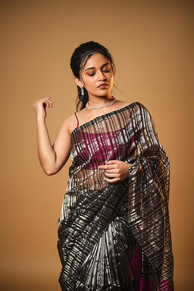 EXP - Anika - Handwoven Silk Cotton Saree - Dune Black + Crimson Pink