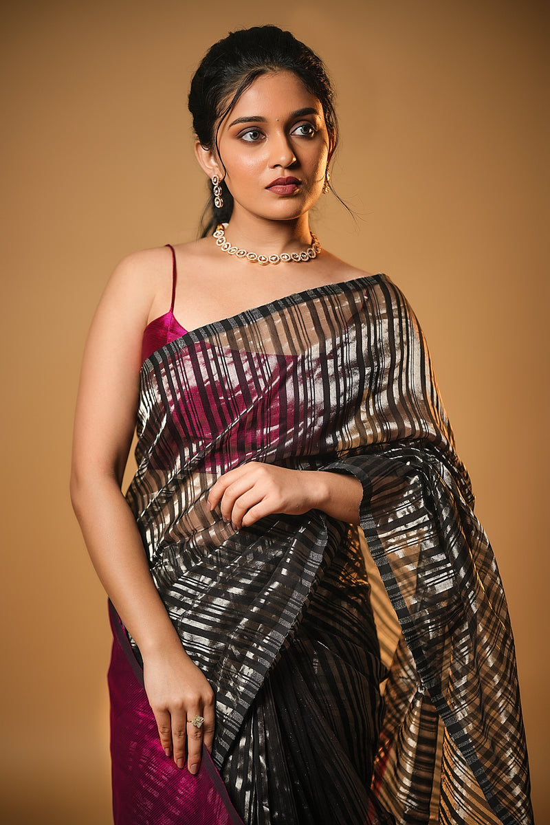 EXP - Anika - Handwoven Silk Cotton Saree - Dune Black + Crimson Pink