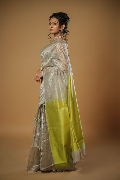 EXP - Anika - Handwoven Silk Cotton Saree - Moon Mist + Key Lime