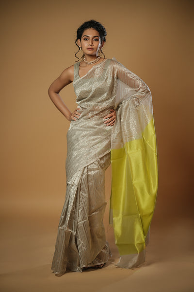 EXP - Anika - Handwoven Silk Cotton Saree - Moon Mist + Key Lime