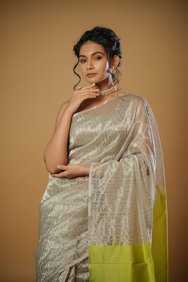 EXP - Anika - Handwoven Silk Cotton Saree - Moon Mist + Key Lime