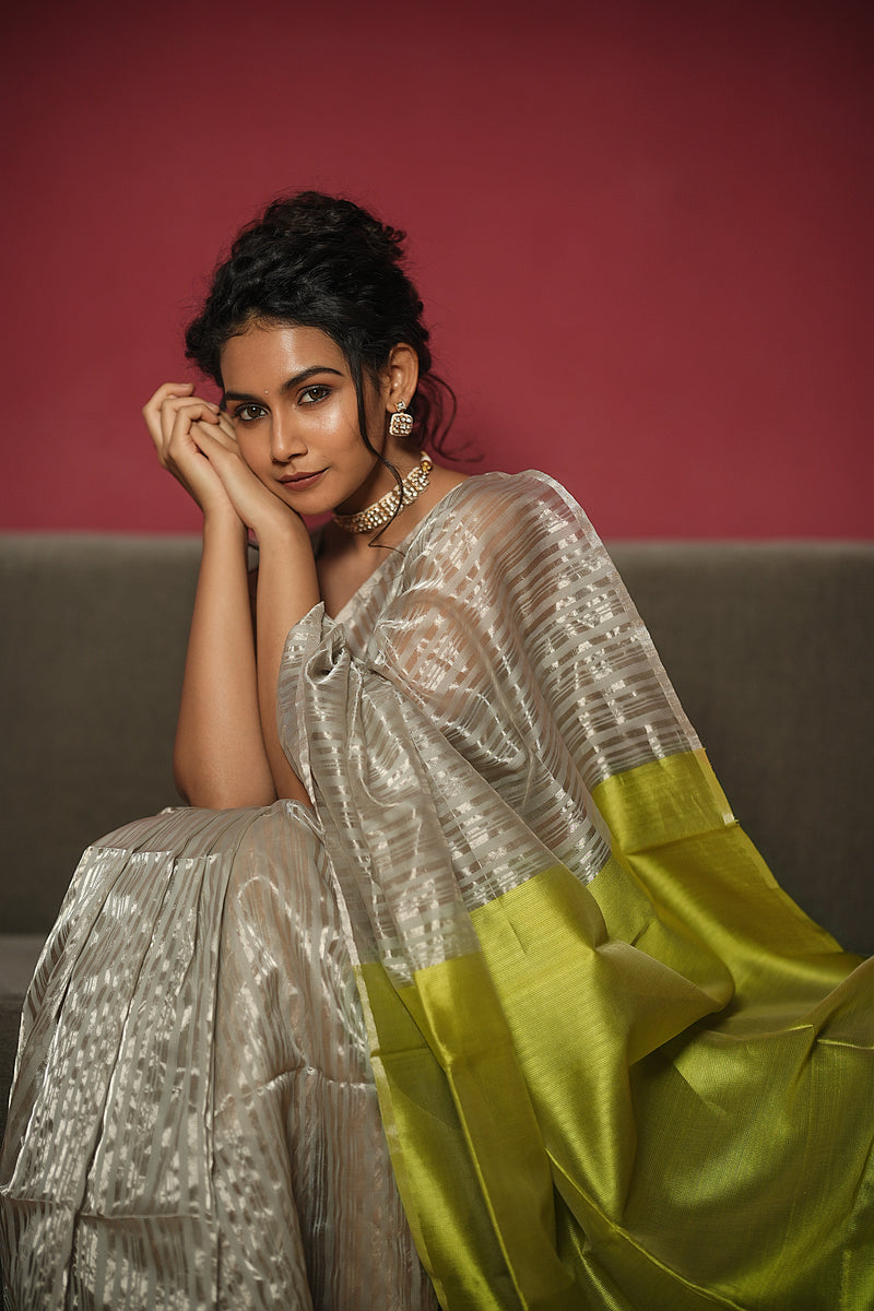 EXP - Anika - Handwoven Silk Cotton Saree - Moon Mist + Key Lime