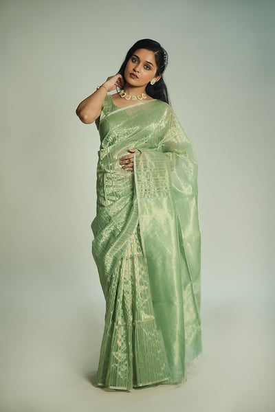 EXP - Anika - Handwoven Silk Cotton Saree - Moss Green + Gold