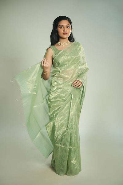 EXP - Anika - Handwoven Silk Cotton Saree - Moss Green + Gold