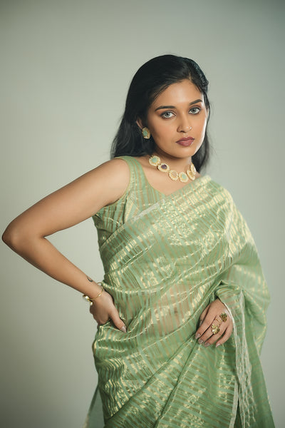 EXP - Anika - Handwoven Silk Cotton Saree - Moss Green + Gold