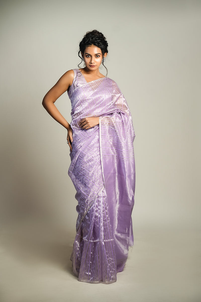 EXP - Anika - Handwoven Silk Cotton Saree - French Lilac+ Silver