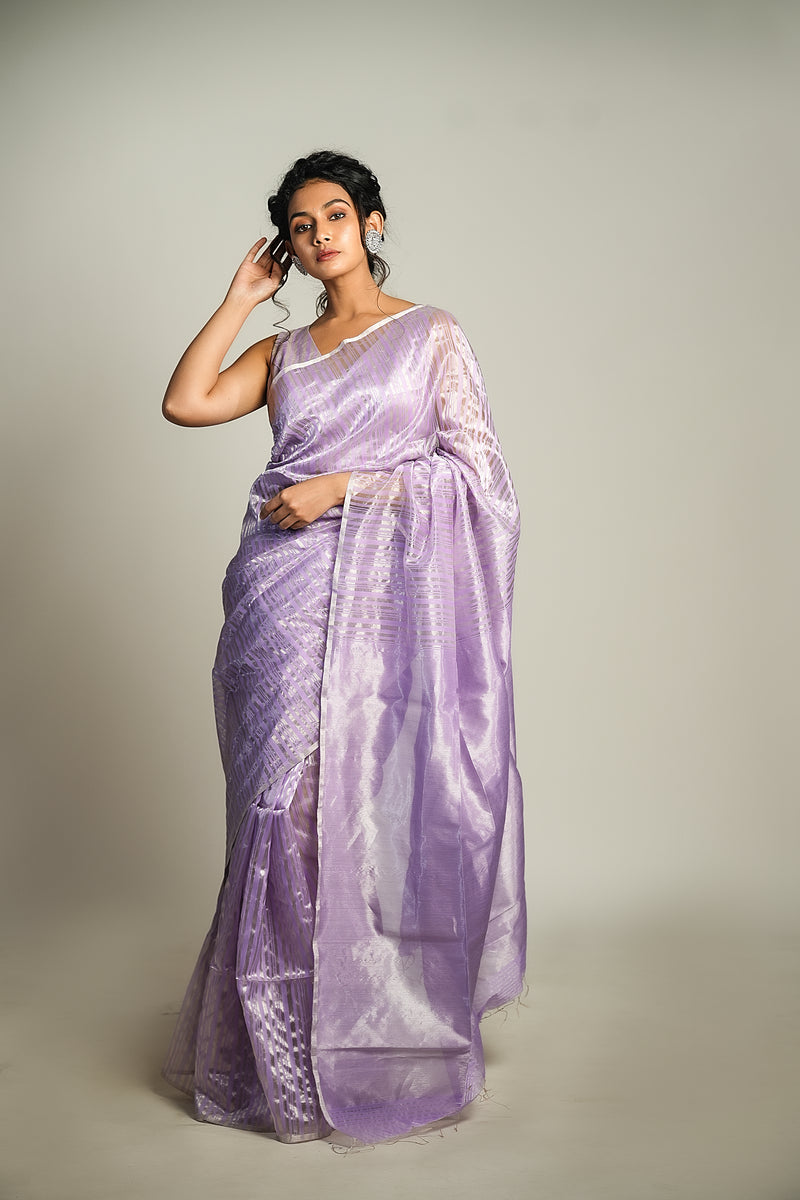 EXP - Anika - Handwoven Silk Cotton Saree - French Lilac+ Silver