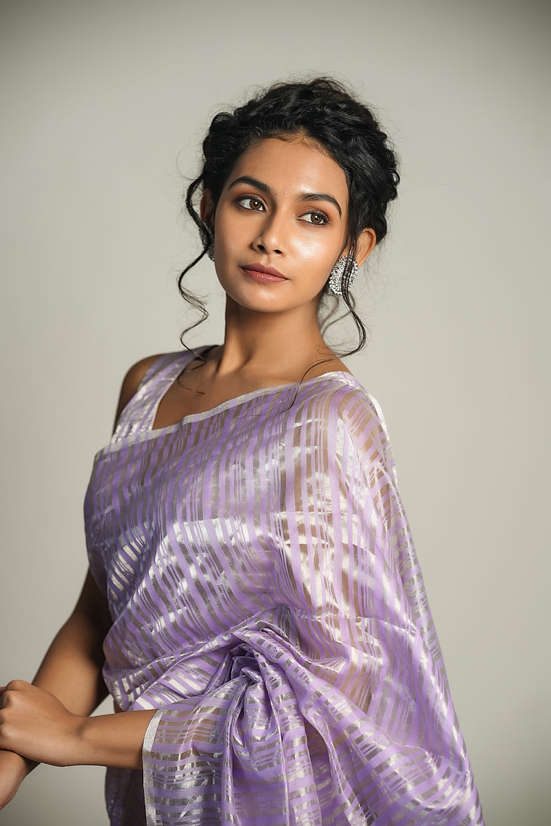 EXP - Anika - Handwoven Silk Cotton Saree - French Lilac+ Silver