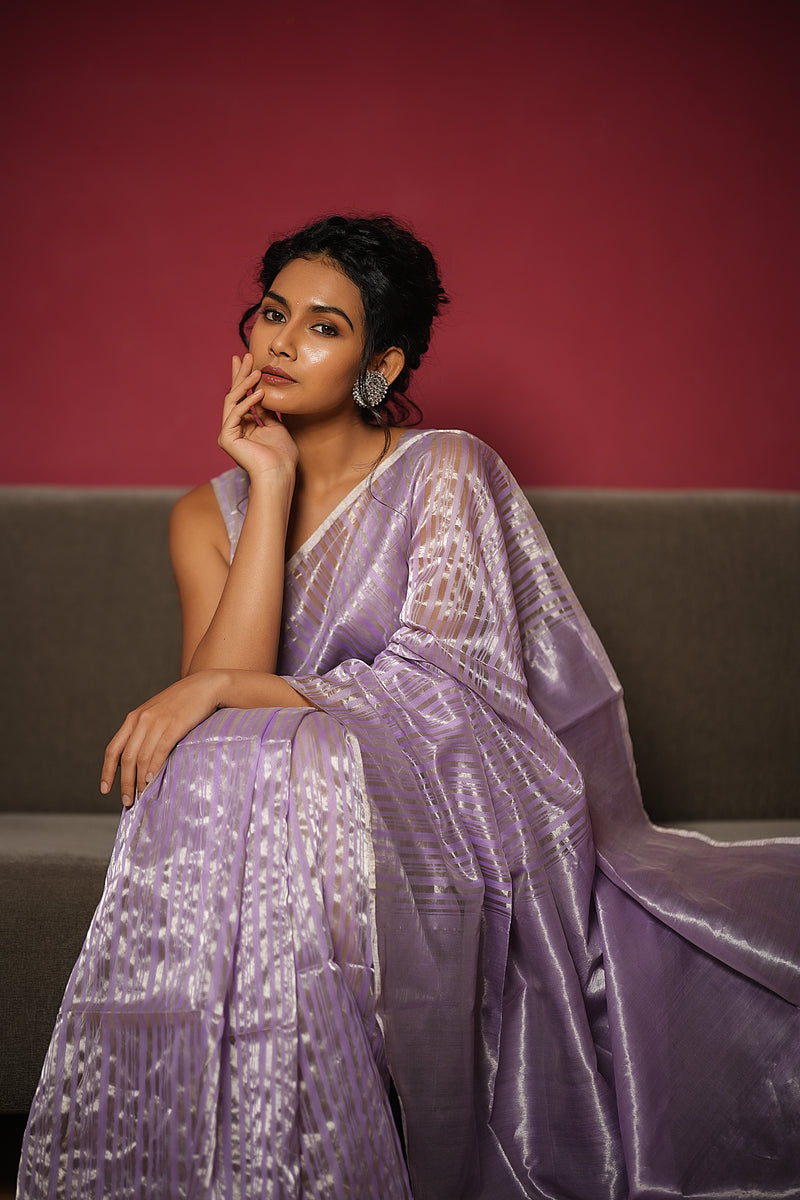 EXP - Anika - Handwoven Silk Cotton Saree - French Lilac+ Silver