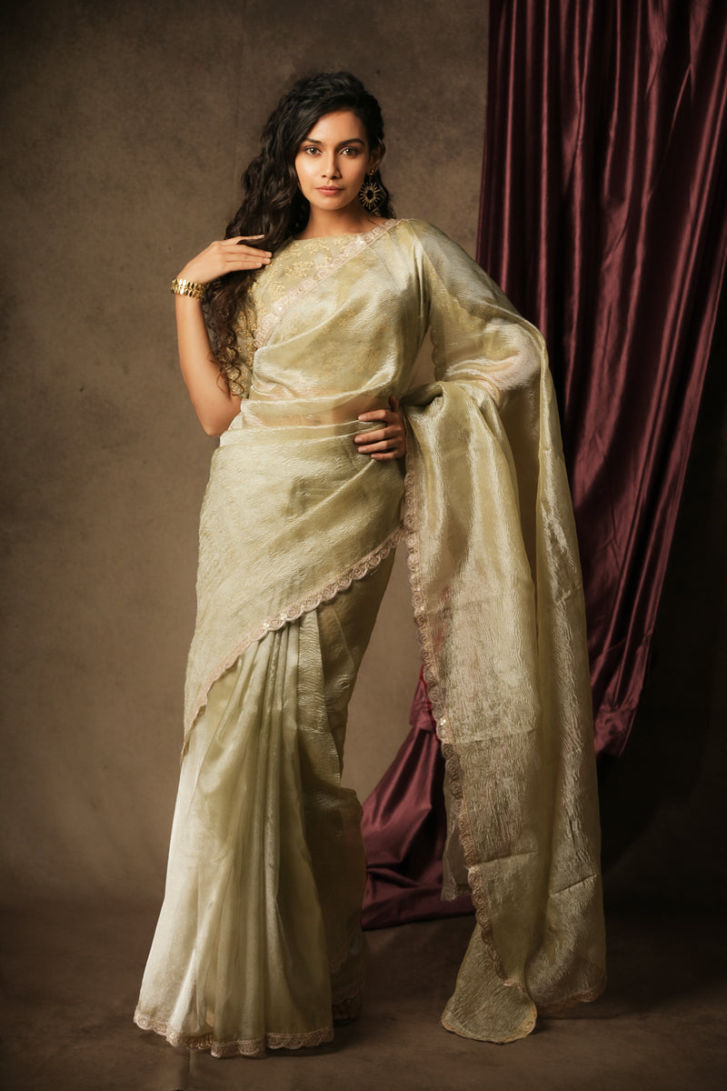 EXP - Sona - Crushed Tissue Silk Saree - Ice Silver Green