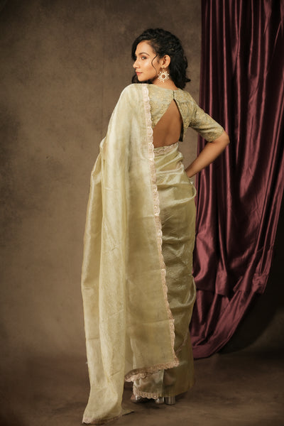 EXP - Sona - Crushed Tissue Silk Saree - Ice Silver Green