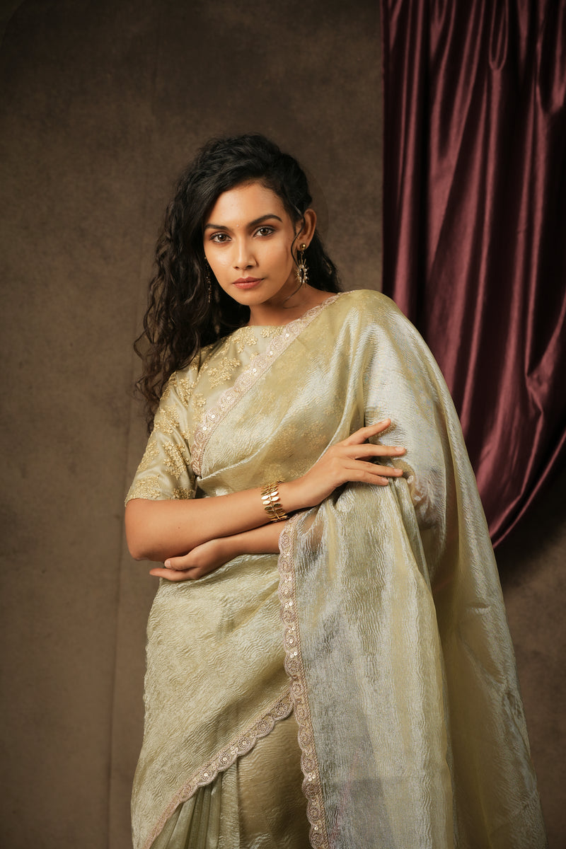 EXP - Sona - Crushed Tissue Silk Saree - Ice Silver Green