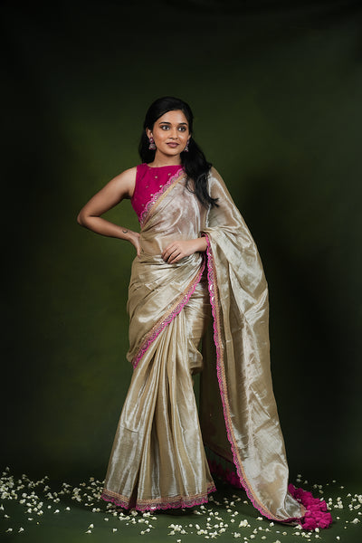 EXP - Ruhi - Handwoven Tissue Saree - Silver Cream + Persian Pink Rose