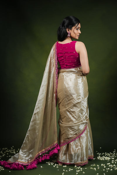 EXP - Ruhi - Handwoven Tissue Saree - Silver Cream + Persian Pink Rose