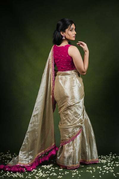 EXP - Ruhi - Handwoven Tissue Saree - Silver Cream + Persian Pink Rose