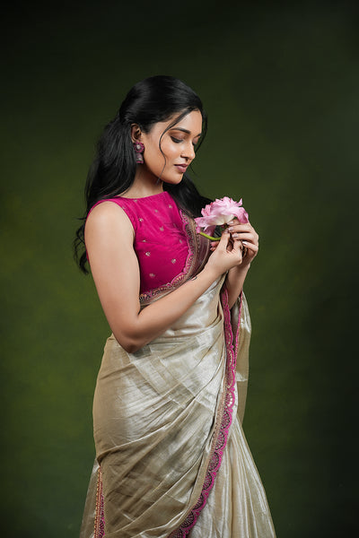 EXP - Ruhi - Handwoven Tissue Saree - Silver Cream + Persian Pink Rose