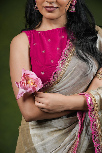 EXP - Ruhi - Handwoven Tissue Saree - Silver Cream + Persian Pink Rose