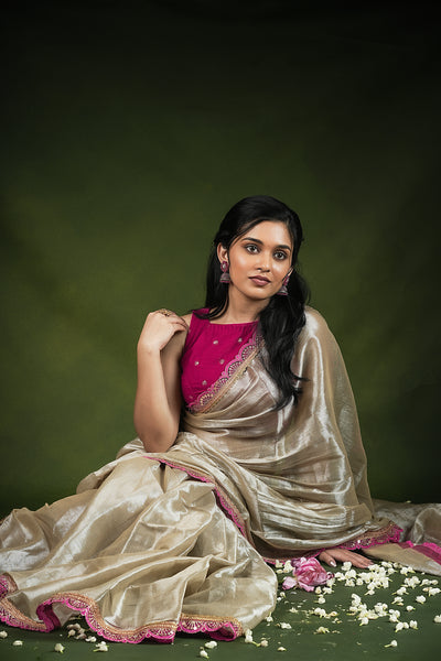 EXP - Ruhi - Handwoven Tissue Saree - Silver Cream + Persian Pink Rose