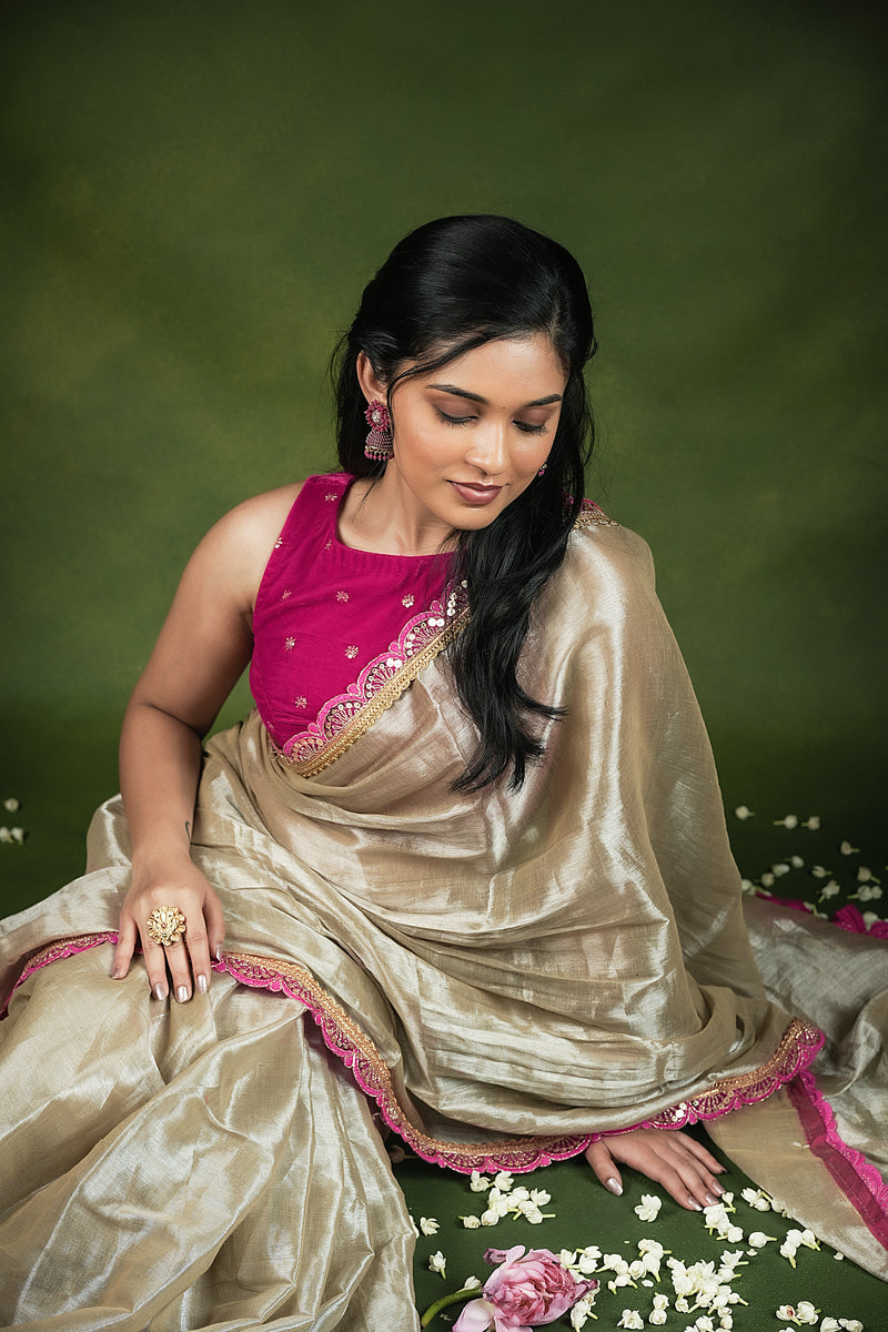 EXP - Ruhi - Handwoven Tissue Saree - Silver Cream + Persian Pink Rose