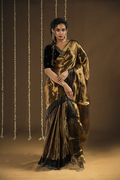 EXP - Lyla - Handwoven Tissue Saree - Flame Gold + Black