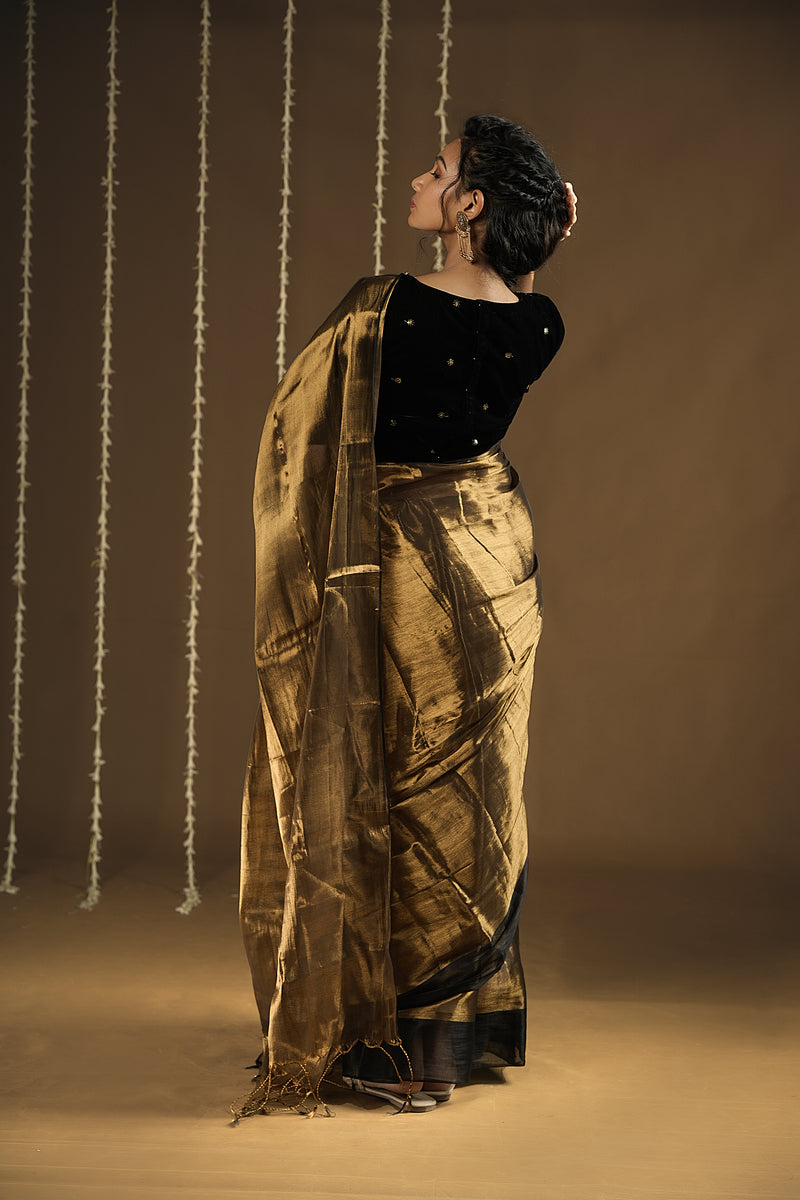 EXP - Lyla - Handwoven Tissue Saree - Flame Gold + Black