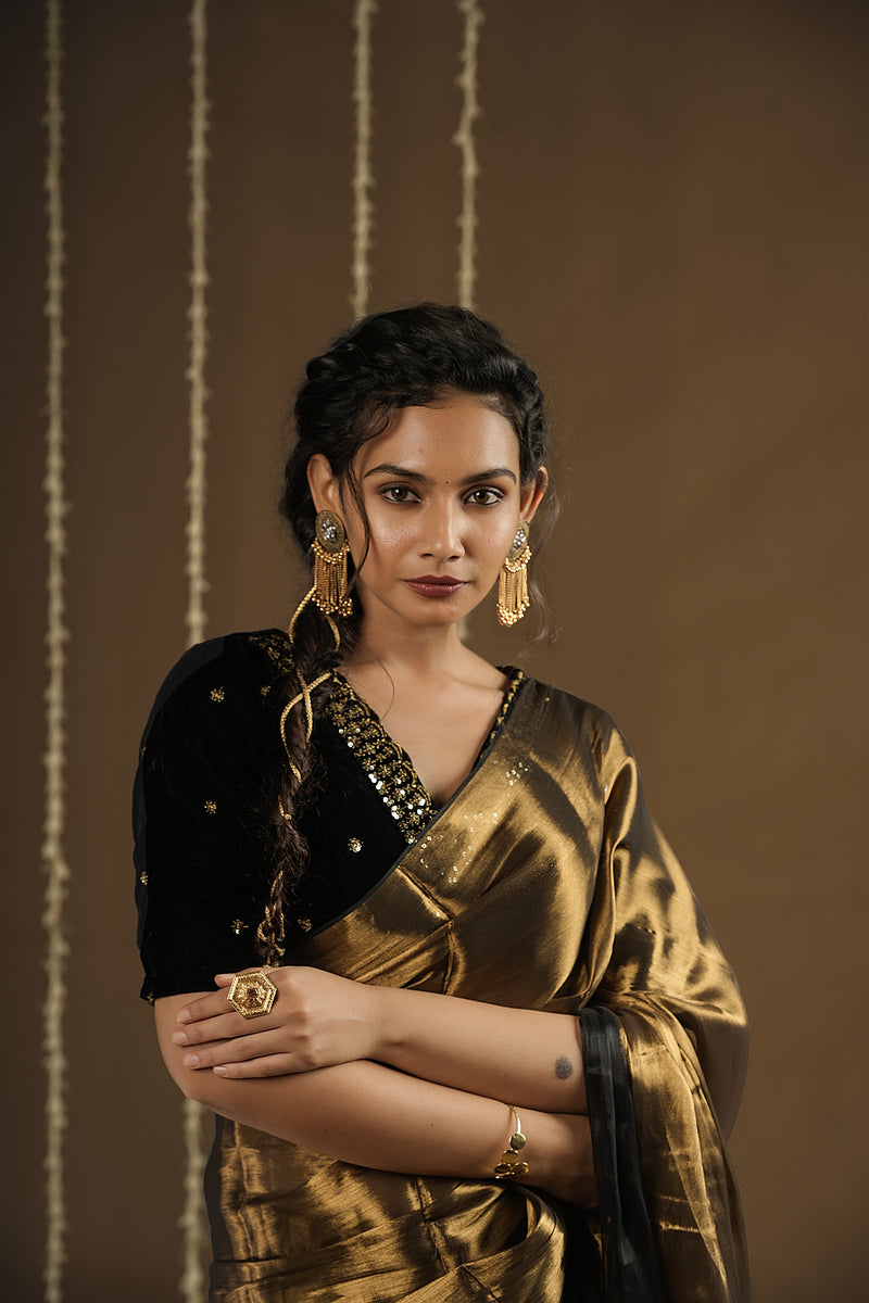 EXP - Lyla - Handwoven Tissue Saree - Flame Gold + Black