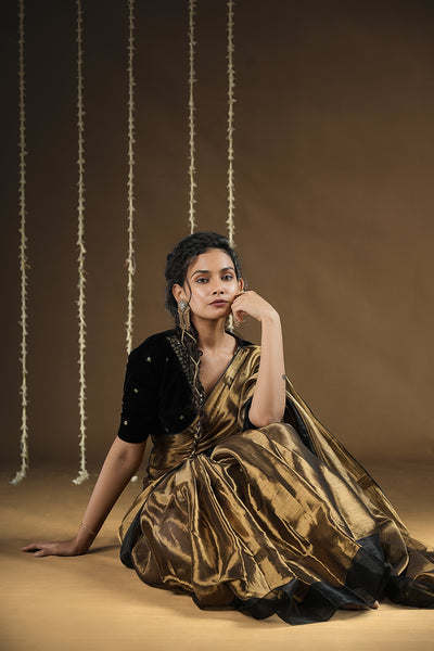 EXP - Lyla - Handwoven Tissue Saree - Flame Gold + Black