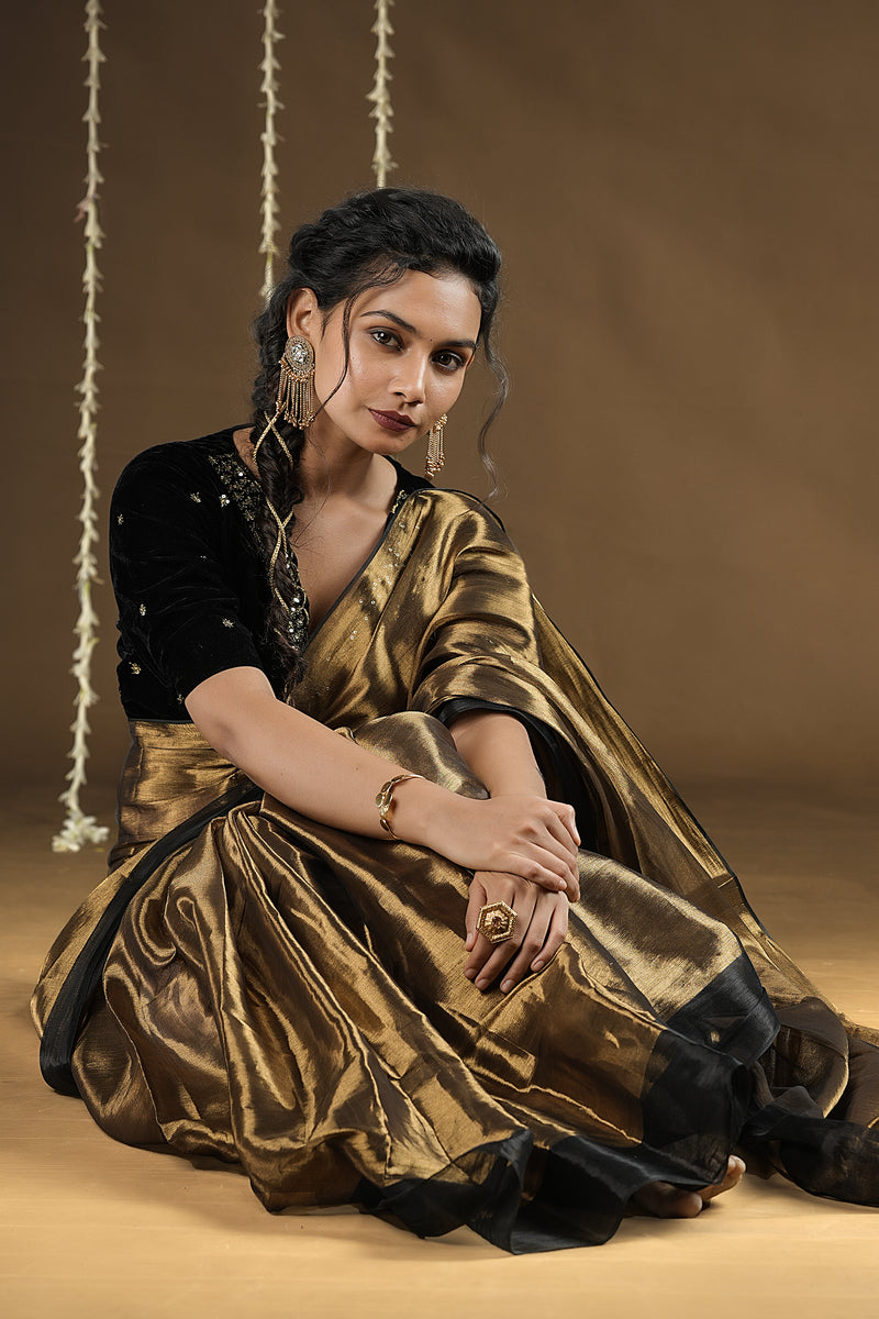 EXP - Lyla - Handwoven Tissue Saree - Flame Gold + Black