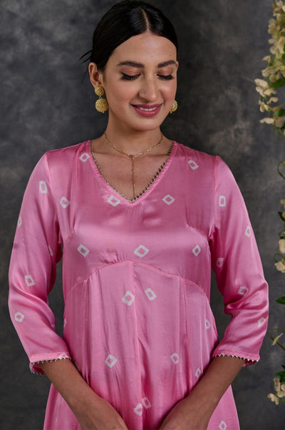 EXP - Pink bandhani modal satin a-line kurta pant set