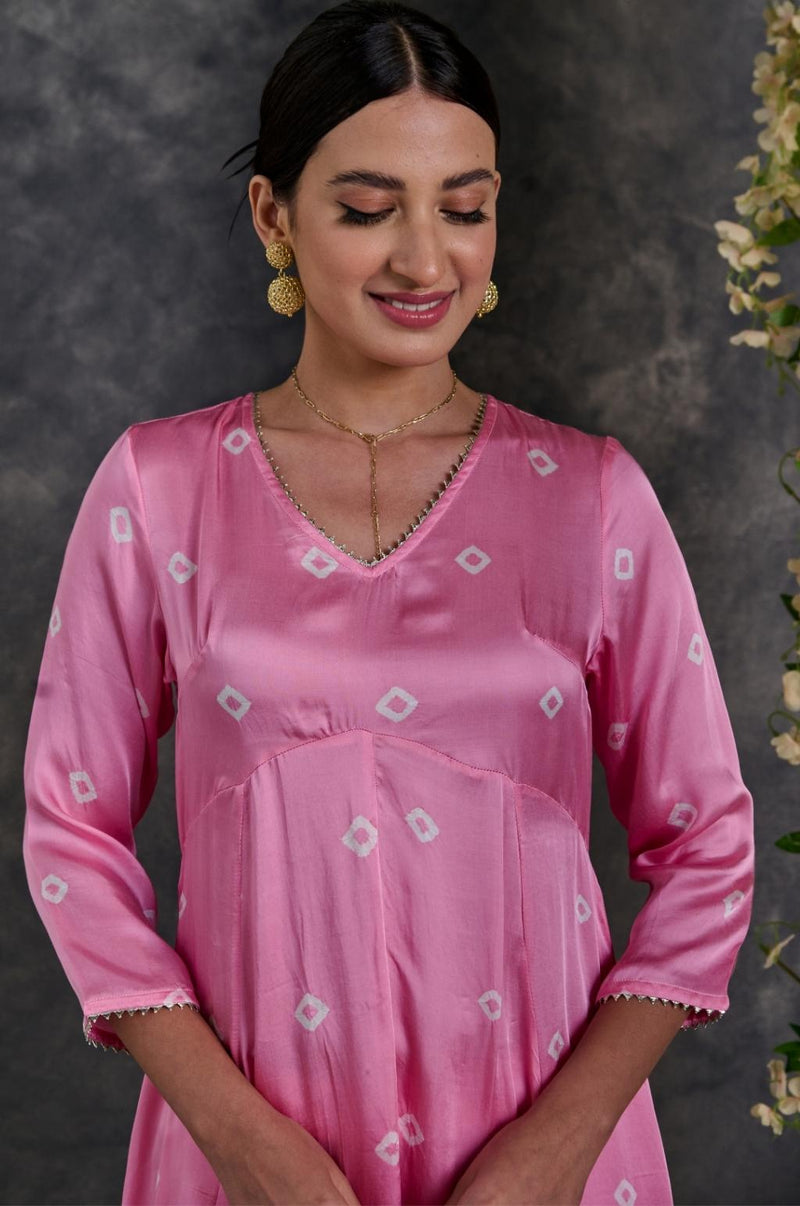 EXP - Pink bandhani modal satin a-line kurta pant set