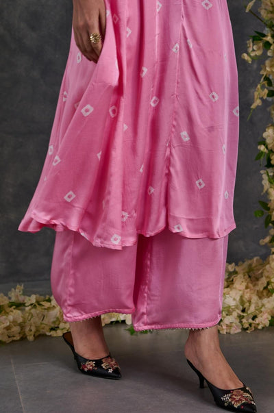 EXP - Pink bandhani modal satin a-line kurta pant set