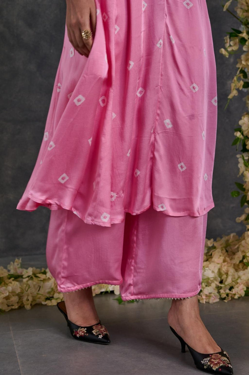 EXP - Pink bandhani modal satin a-line kurta pant set
