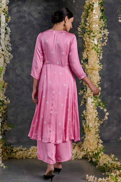 EXP - Pink bandhani modal satin a-line kurta pant set