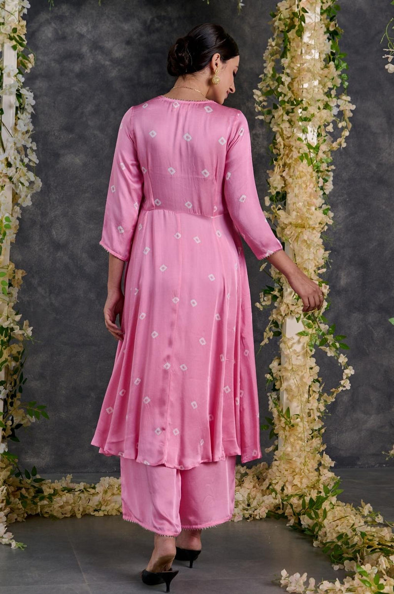 EXP - Pink bandhani modal satin a-line kurta pant set