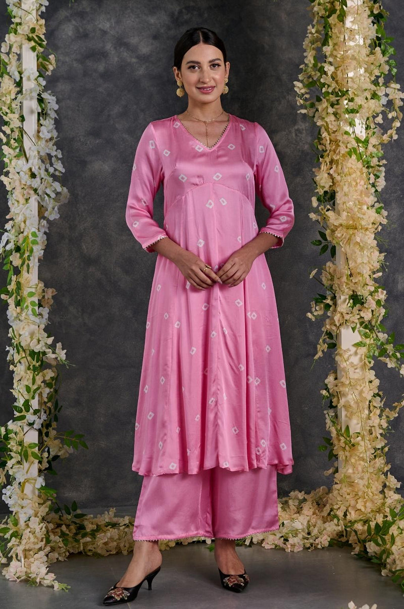 EXP - Pink bandhani modal satin a-line kurta pant set