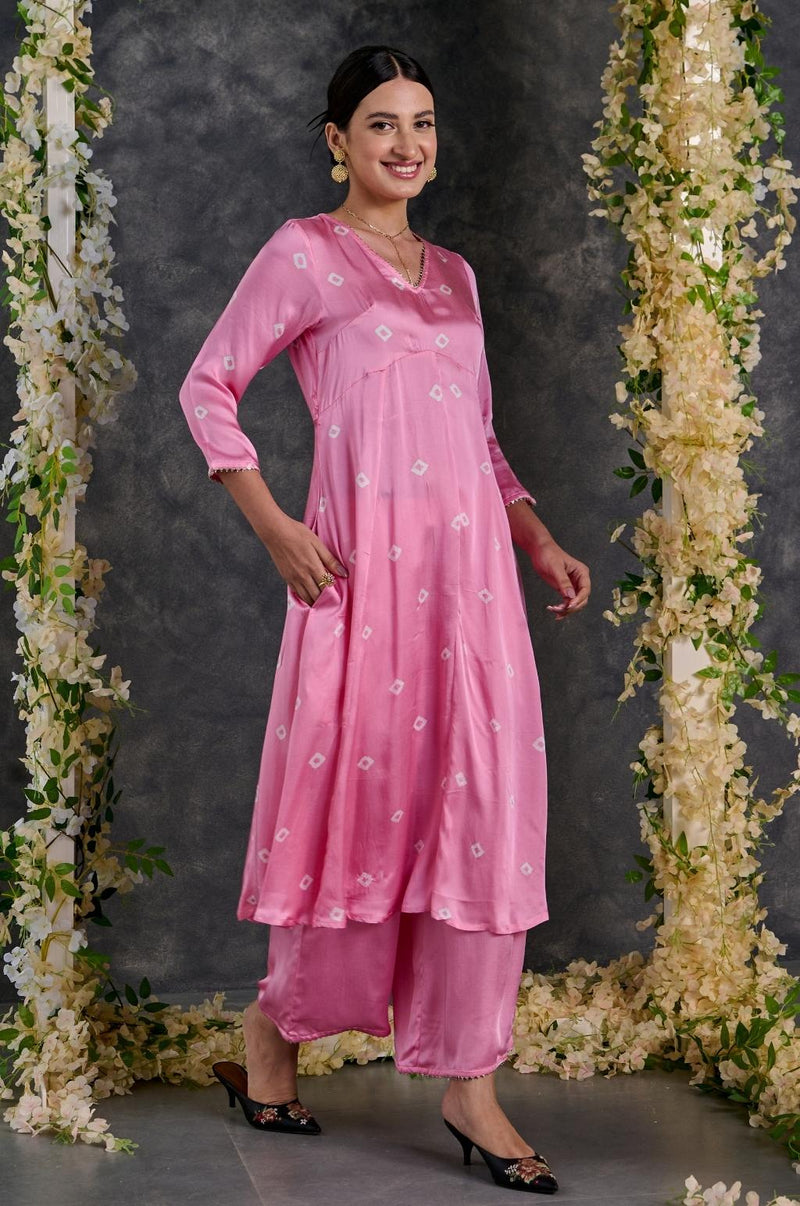 EXP - Pink bandhani modal satin a-line kurta pant set