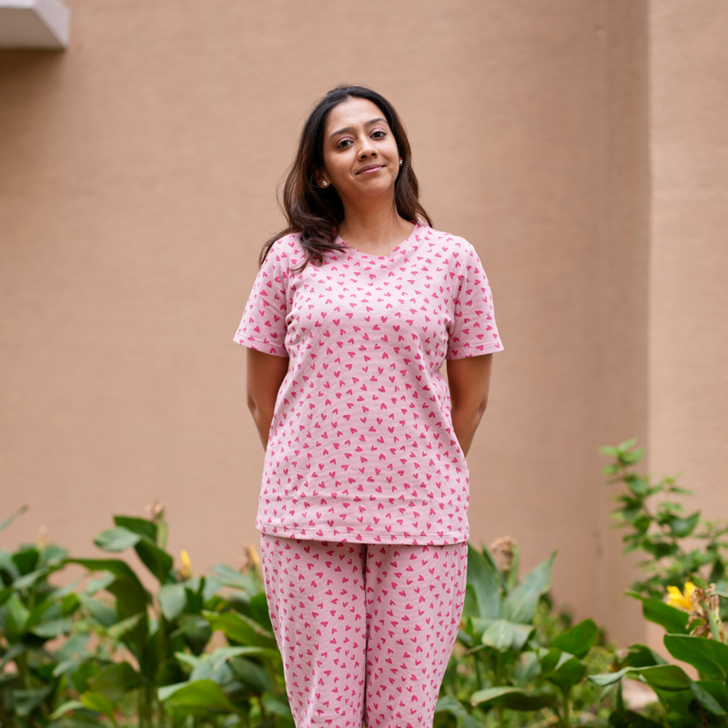 PINK BLUSH HEART WAFFLE TEEJAMAS