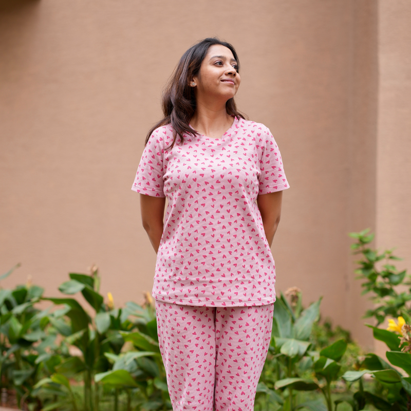 PINK BLUSH HEART WAFFLE TEEJAMAS