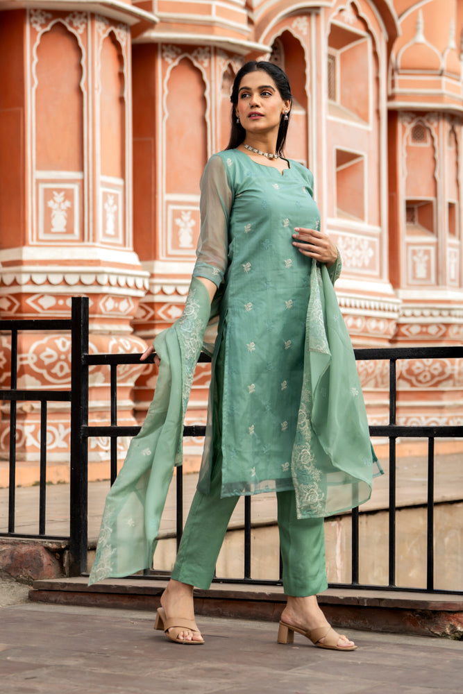 Jugni Turquoise Green Organza Kurta Set